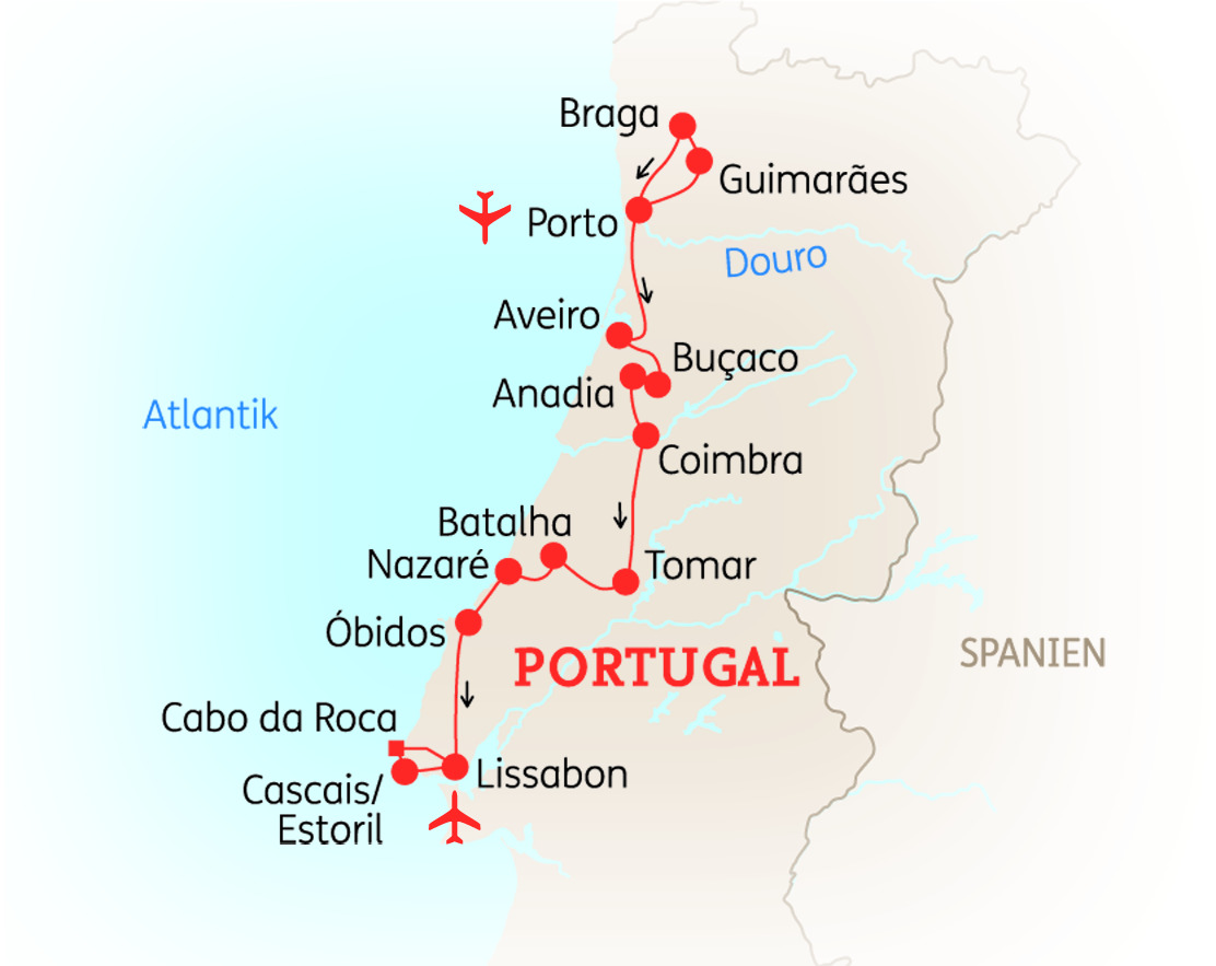 Karte von Portugal mit wichtigen Städten und Routen, einschließlich Porto, Lissabon und Braga.