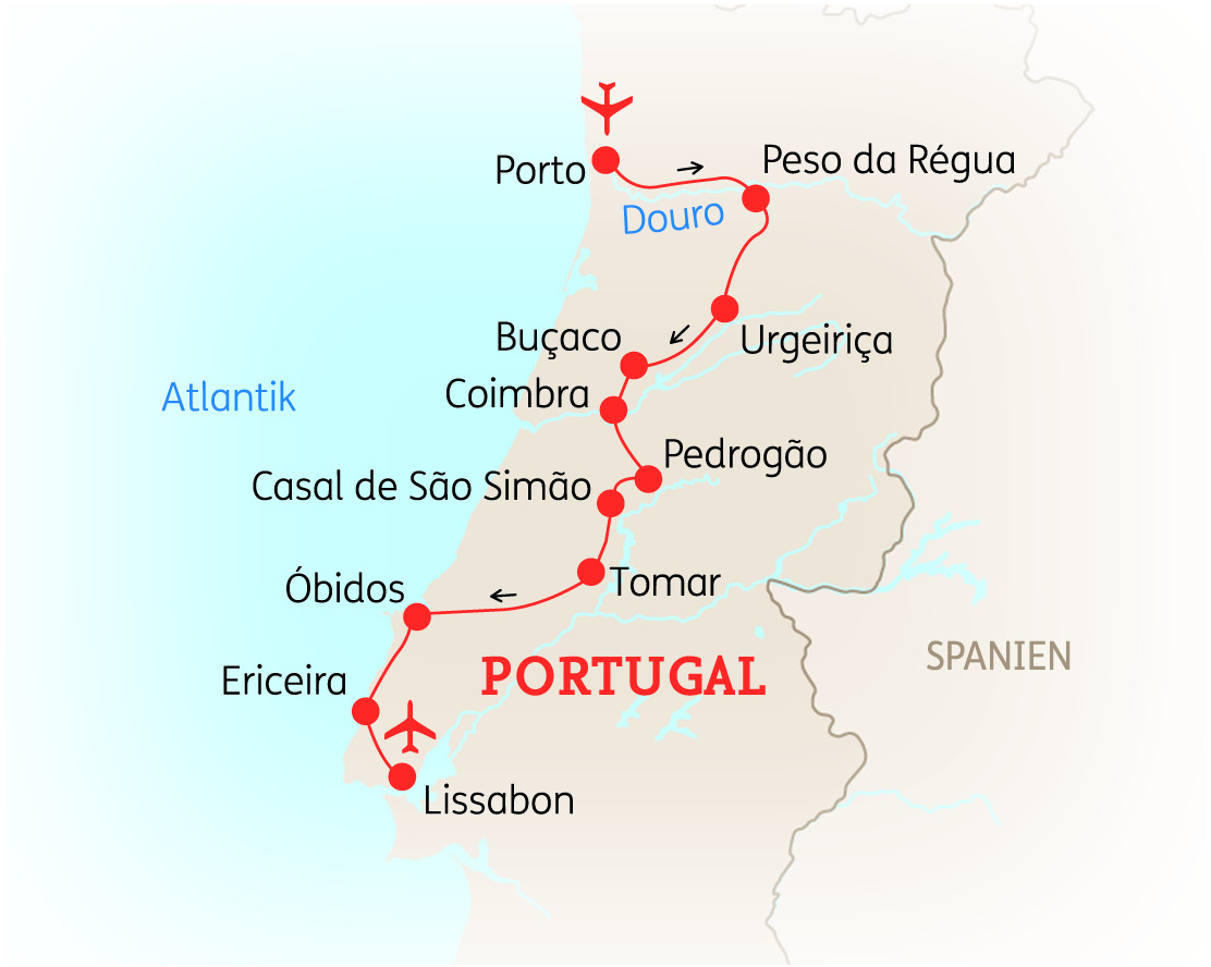 Karte von Portugal mit wichtigen Städten und Routen, einschließlich Porto und Lissabon.