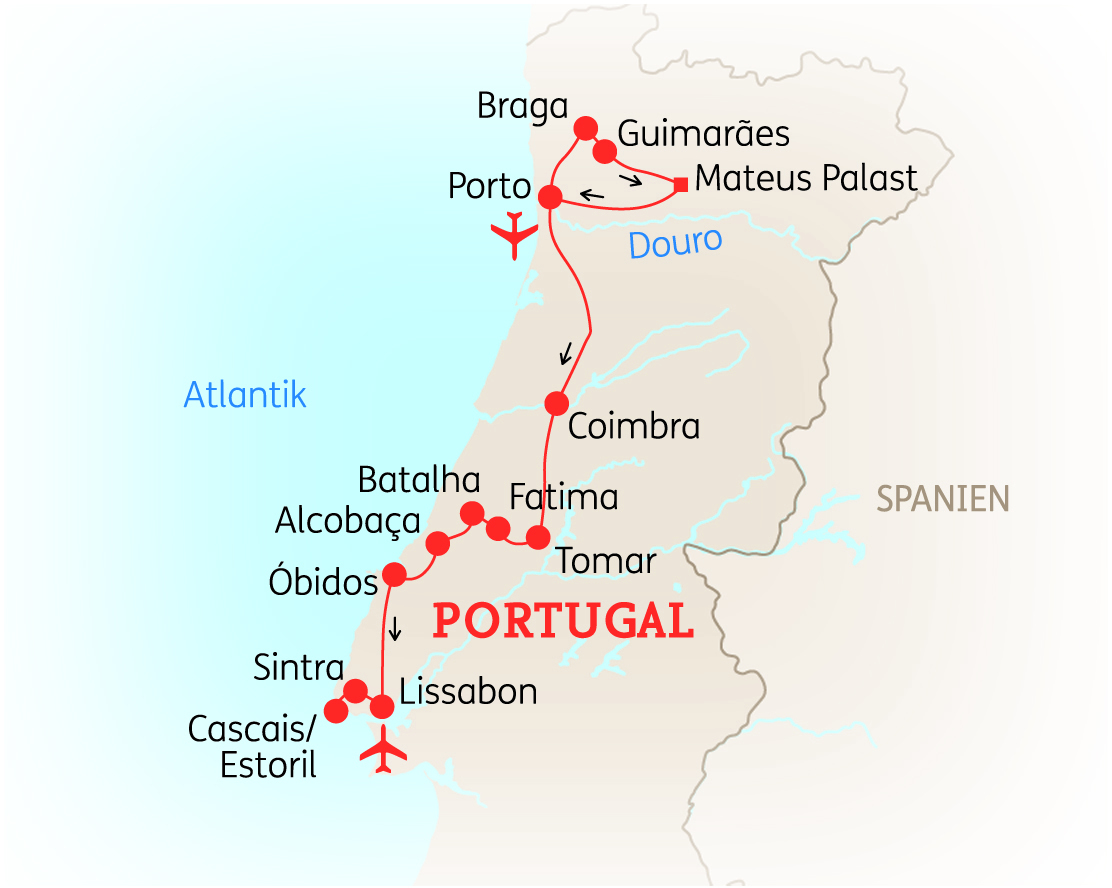 Karte von Portugal mit wichtigen Städten und Routen, einschließlich Porto, Lissabon und Sintra.