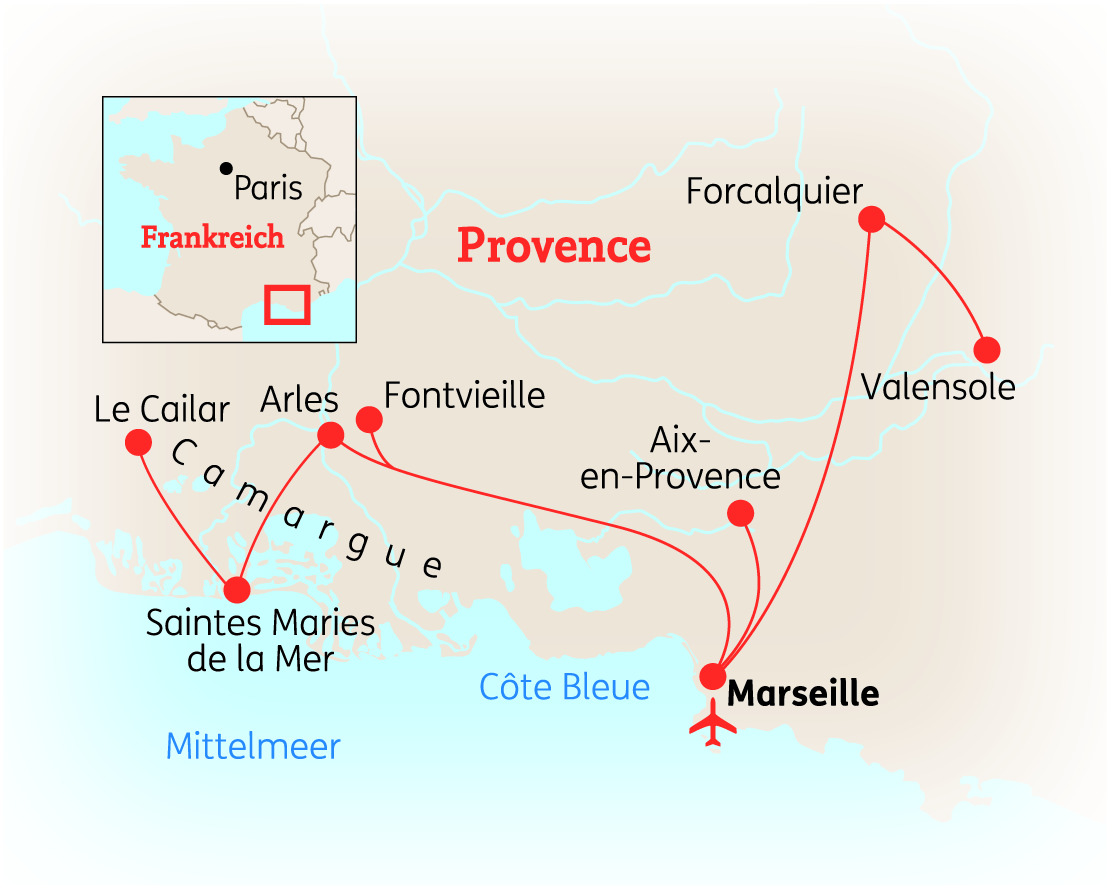Karte der Provence in Frankreich mit wichtigen Städten und Routen, einschließlich Marseille und Arles.