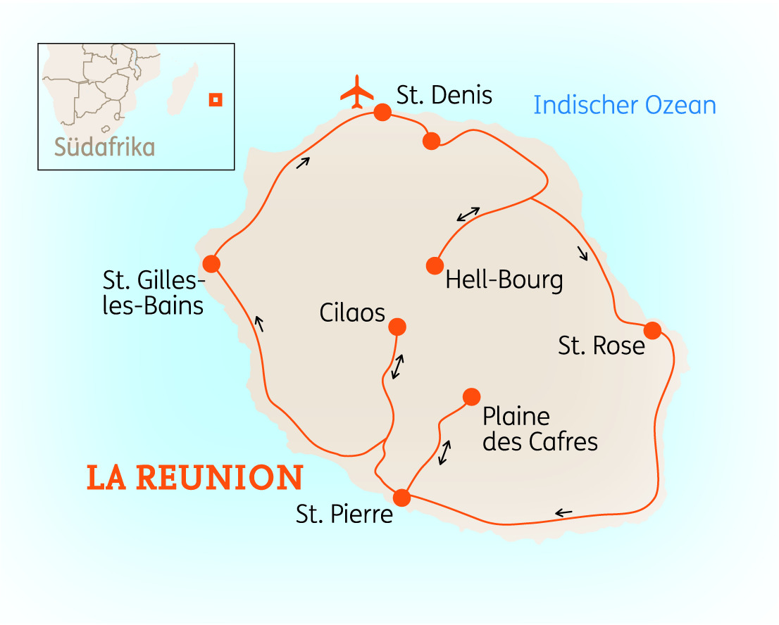 Karte von La Réunion mit markierten Städten und Routen im Indischen Ozean.