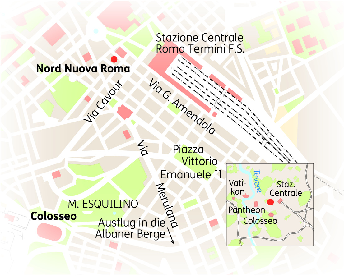 Karte von Rom mit wichtigen Straßen und Sehenswürdigkeiten wie dem Kolosseum und dem Pantheon.