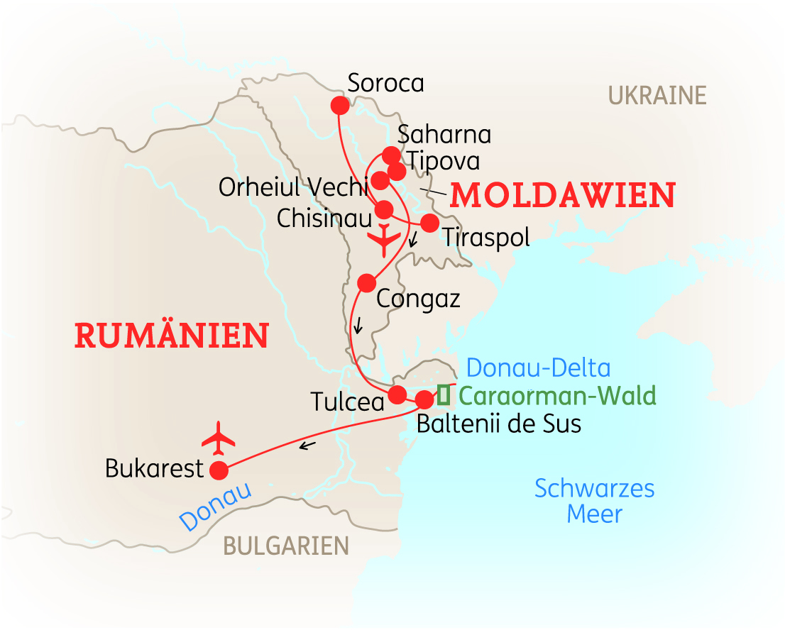 Karte von Rumänien und Moldawien mit wichtigen Städten und Routen, einschließlich Bukarest und dem Donau-Delta.