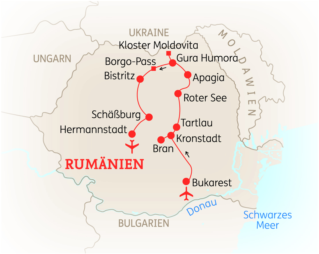 Karte von Rumänien mit wichtigen Städten und Routen, einschließlich Bukarest und Bran.
