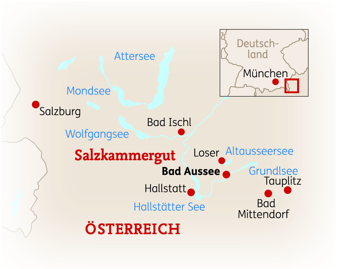 Karte des Salzkammerguts in Österreich mit wichtigen Orten und Gewässern, einschließlich Bad Aussee.