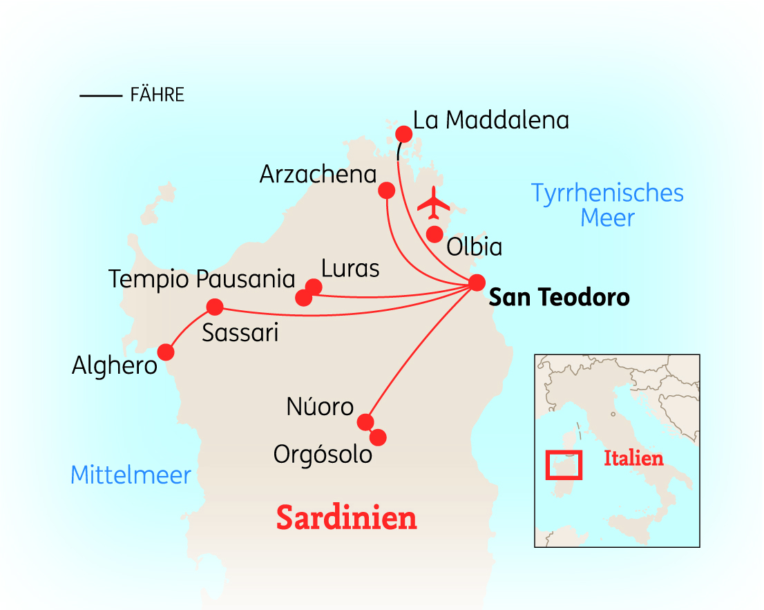 Karte von Sardinien mit wichtigen Orten wie San Teodoro und Olbia, sowie Fährverbindungen.