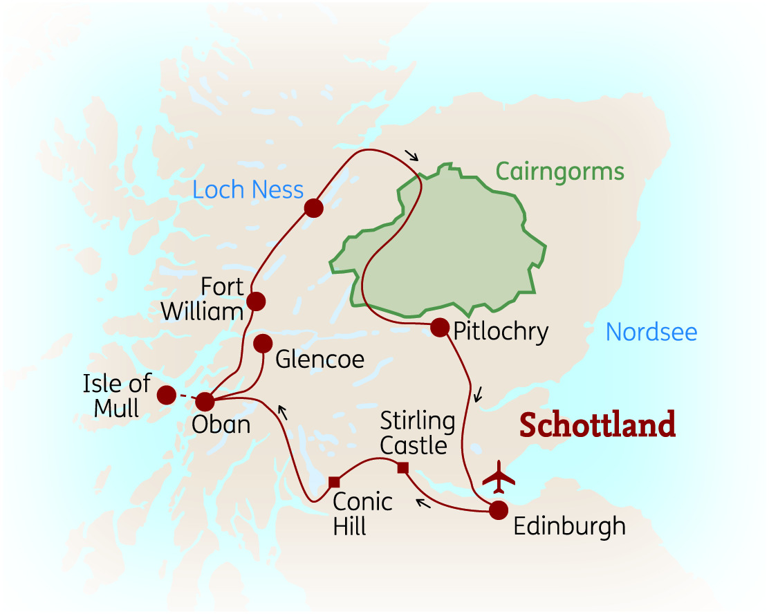 Karte von Schottland mit wichtigen Städten und Sehenswürdigkeiten wie Edinburgh und Loch Ness.