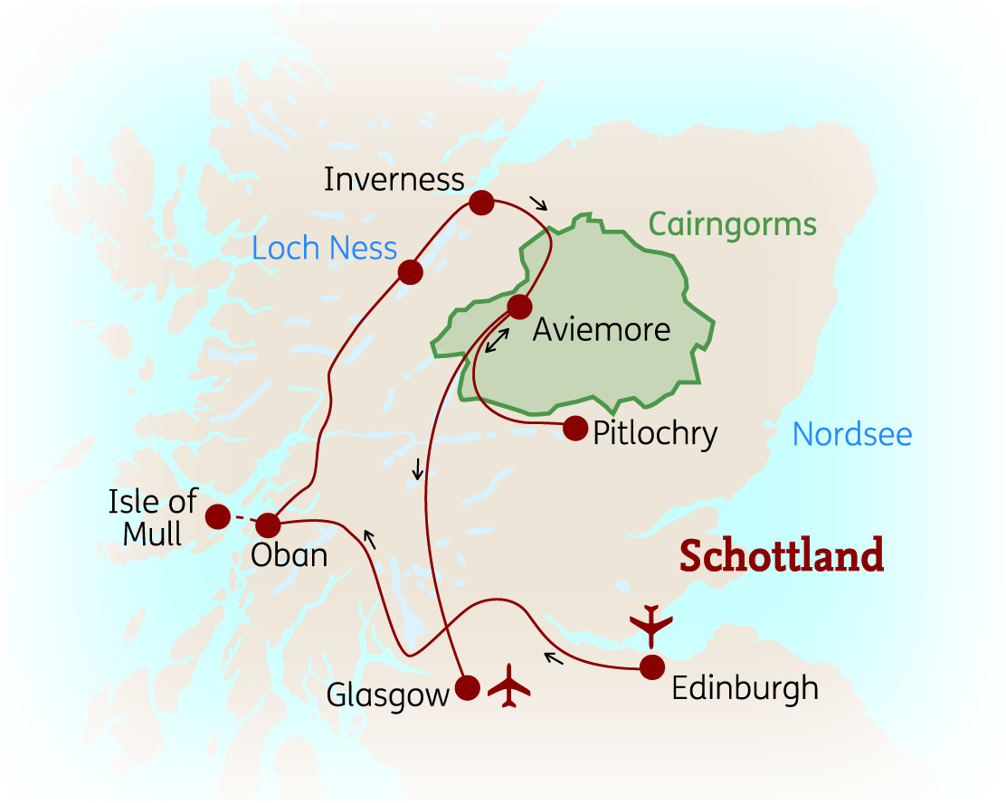 Karte von Schottland mit wichtigen Städten und Sehenswürdigkeiten wie Loch Ness und Inverness.