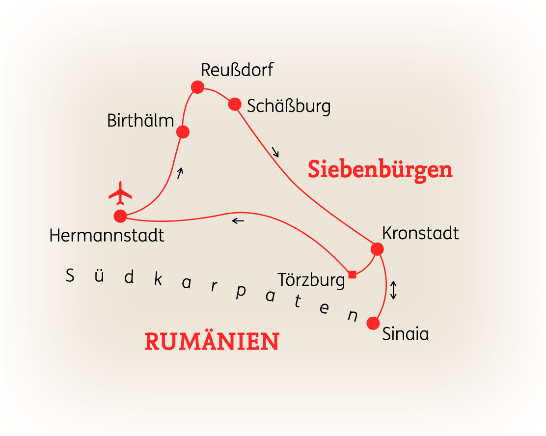 Karte von Siebenbürgen in Rumänien mit wichtigen Städten und Routen.