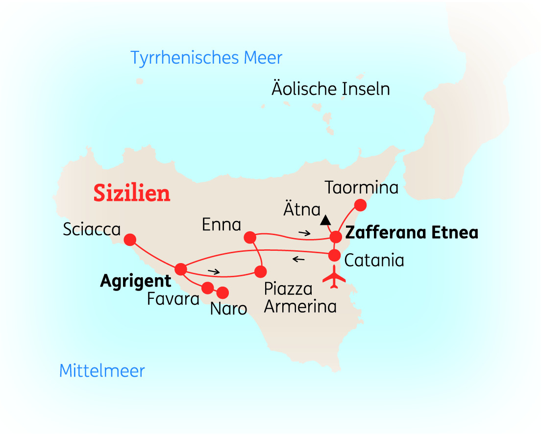 Karte von Sizilien mit wichtigen Städten und Sehenswürdigkeiten, einschließlich Ätna, Taormina und Catania.