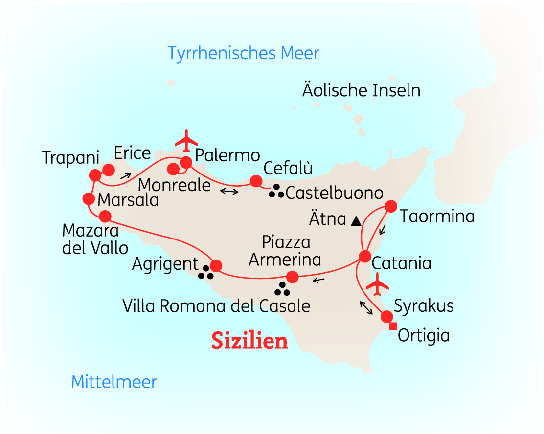 Karte von Sizilien mit wichtigen Städten und Sehenswürdigkeiten, einschließlich Ätna und Palermo.