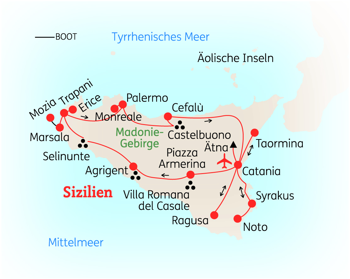Karte von Sizilien mit markierten Städten und Sehenswürdigkeiten, einschließlich Ätna und Madonie-Gebirge.