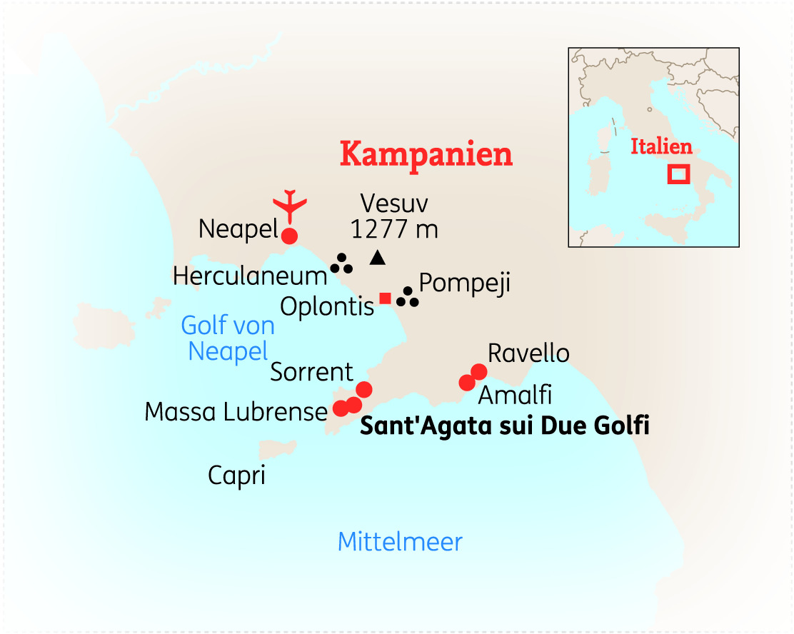 Karte von Kampanien in Italien mit wichtigen Städten und Sehenswürdigkeiten wie Neapel, Vesuv und Sorrent.
