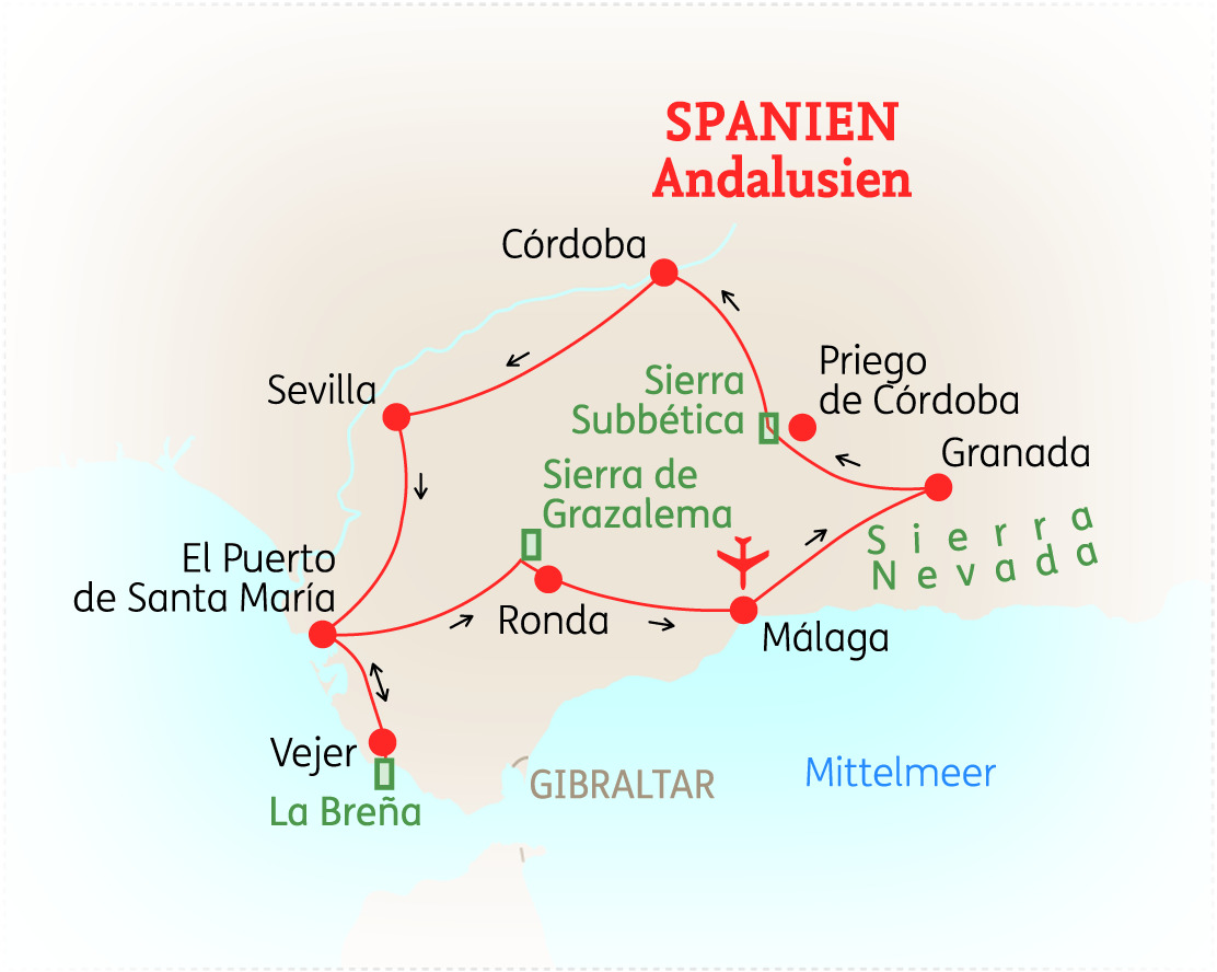 Karte von Spanien mit wichtigen Städten und Regionen in Andalusien, einschließlich Sevilla, Córdoba und Granada.