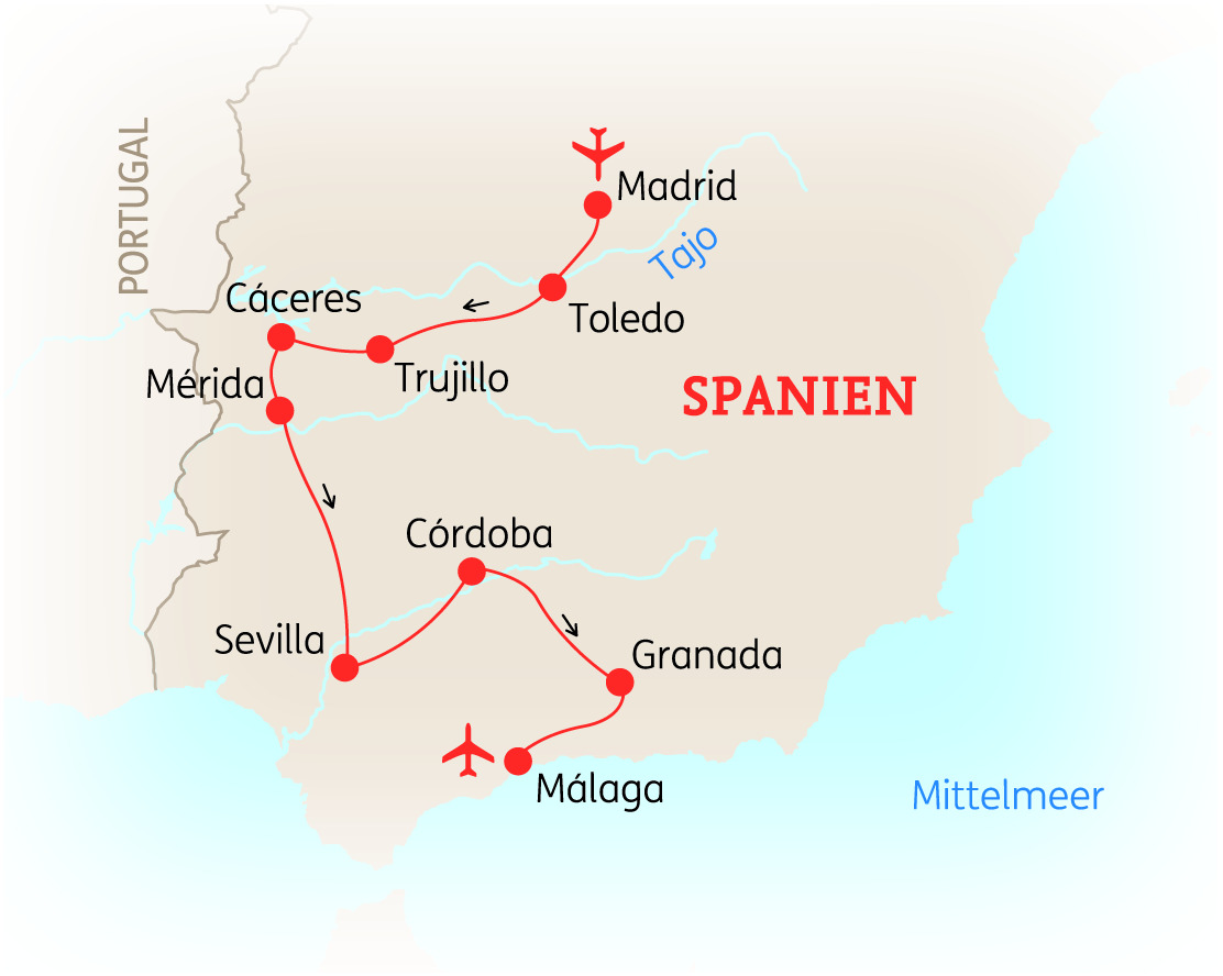 Karte von Spanien mit markierten Städten und Routen für eine Rundreise.