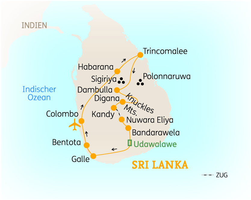 Karte von Sri Lanka mit wichtigen Städten und Sehenswürdigkeiten, einschließlich Colombo, Kandy und Galle.