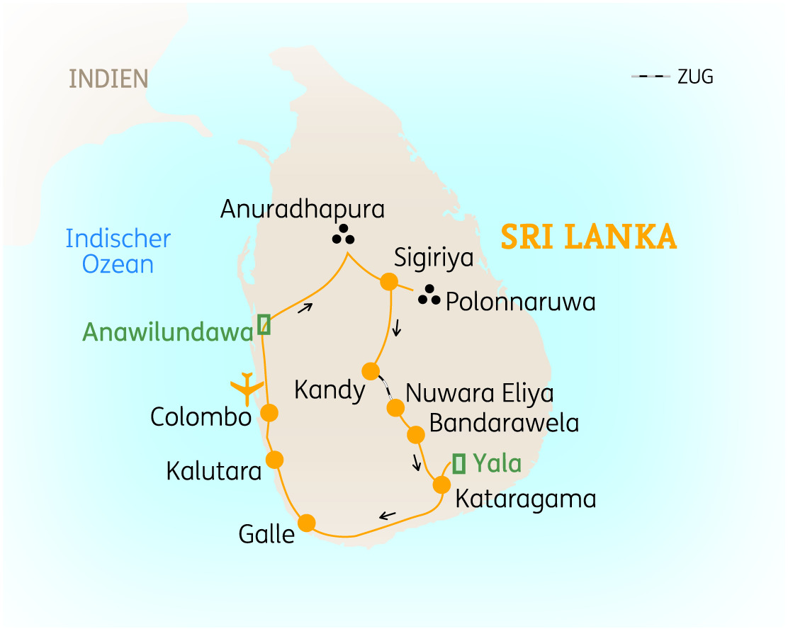 Karte von Sri Lanka mit wichtigen Städten und Routen, einschließlich Colombo, Kandy und Galle.