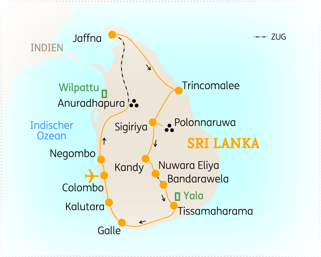 Karte von Sri Lanka mit wichtigen Städten und Sehenswürdigkeiten, einschließlich Jaffna, Colombo und Kandy.