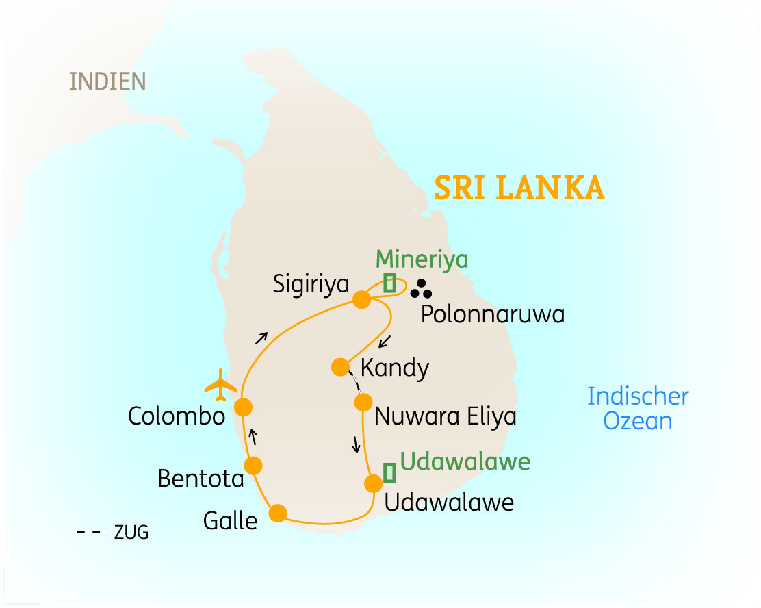 Karte von Sri Lanka mit wichtigen Städten und Routen, einschließlich Colombo, Kandy und Galle.