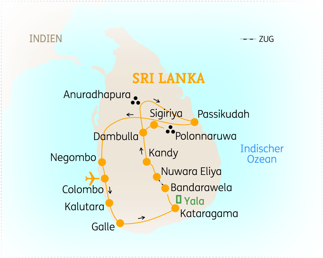 Karte von Sri Lanka mit wichtigen Städten und Sehenswürdigkeiten, einschließlich Anuradhapura, Sigiriya und Kandy.
