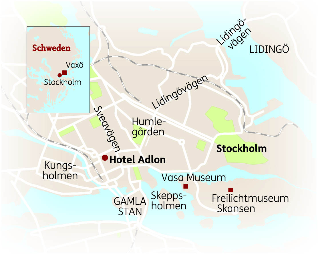 Karte von Stockholm mit wichtigen Sehenswürdigkeiten wie dem Hotel Adlon und dem Vasa Museum in Schweden.