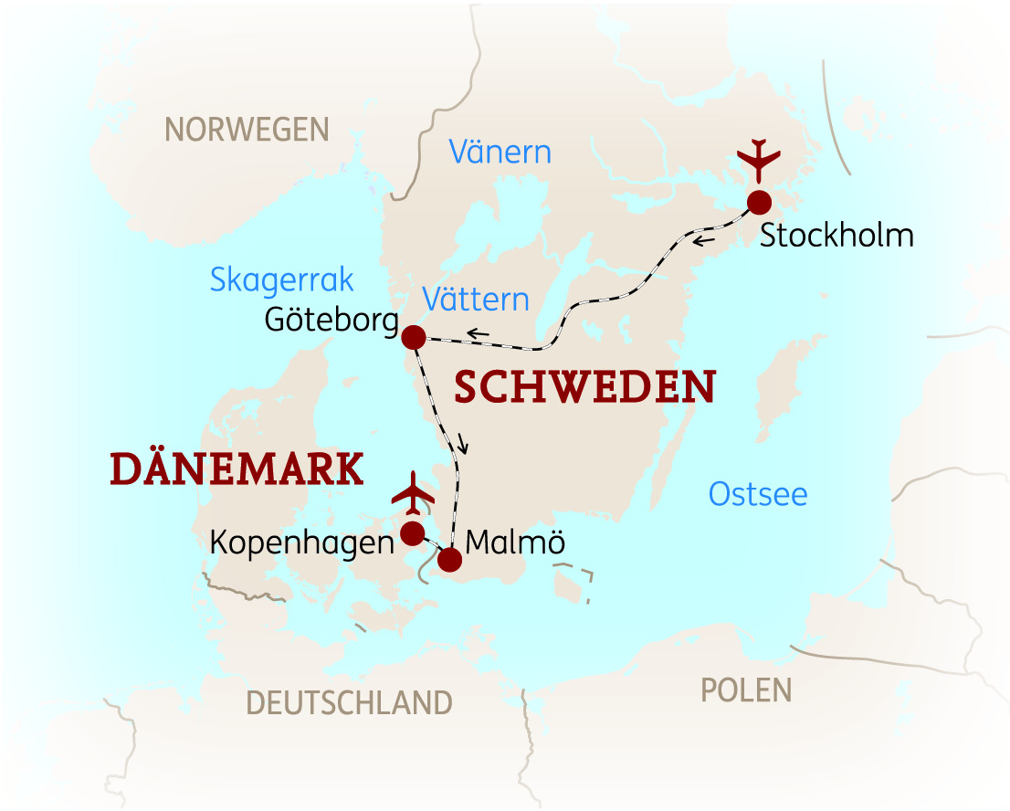 Karte von Schweden und Dänemark mit den Städten Stockholm, Kopenhagen und Malmö sowie Flugverbindungen.