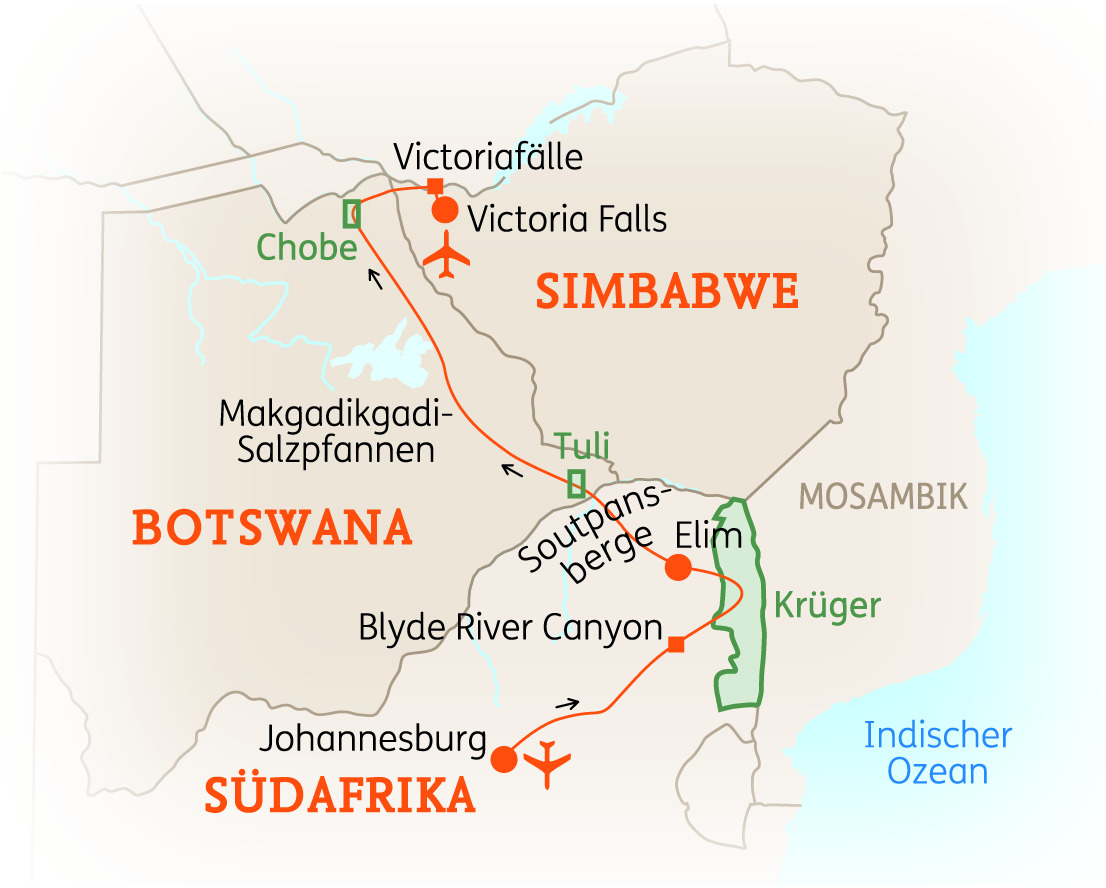 Karte von Südafrika, Botswana und Simbabwe mit markierten Sehenswürdigkeiten wie den Victoriafällen und dem Blyde River Canyon.