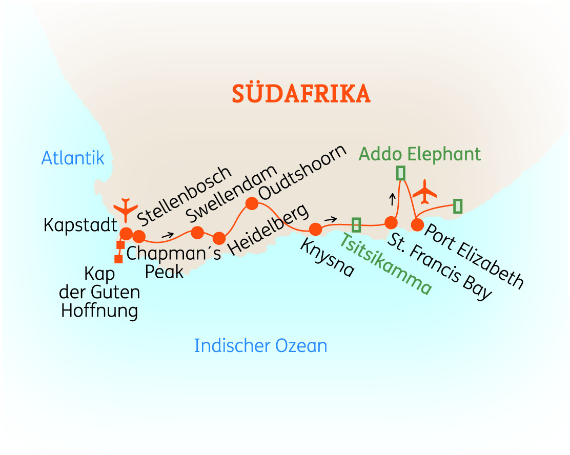 Karte von Südafrika mit wichtigen Städten und Sehenswürdigkeiten wie Kapstadt und Addo Elephant.