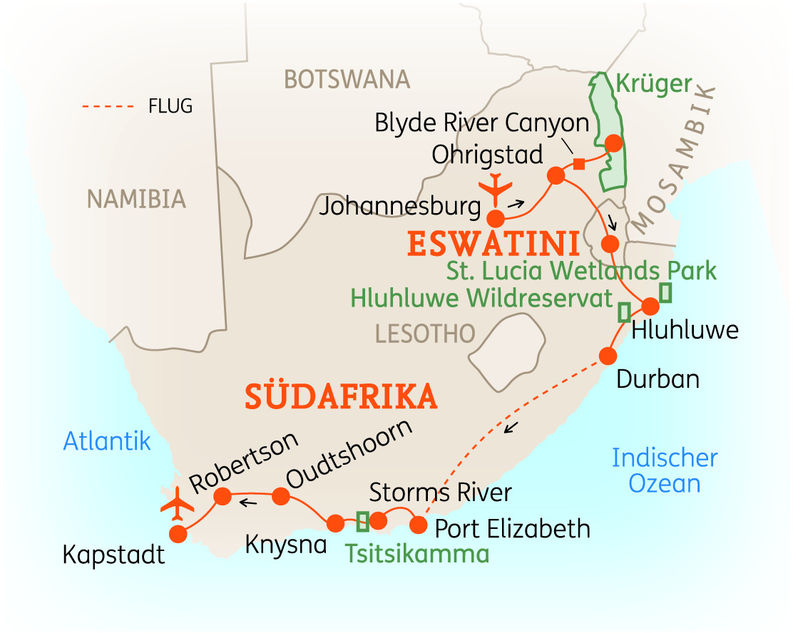 Karte von Südafrika und Eswatini mit wichtigen Städten und Sehenswürdigkeiten, einschließlich Kapstadt und Durban.
