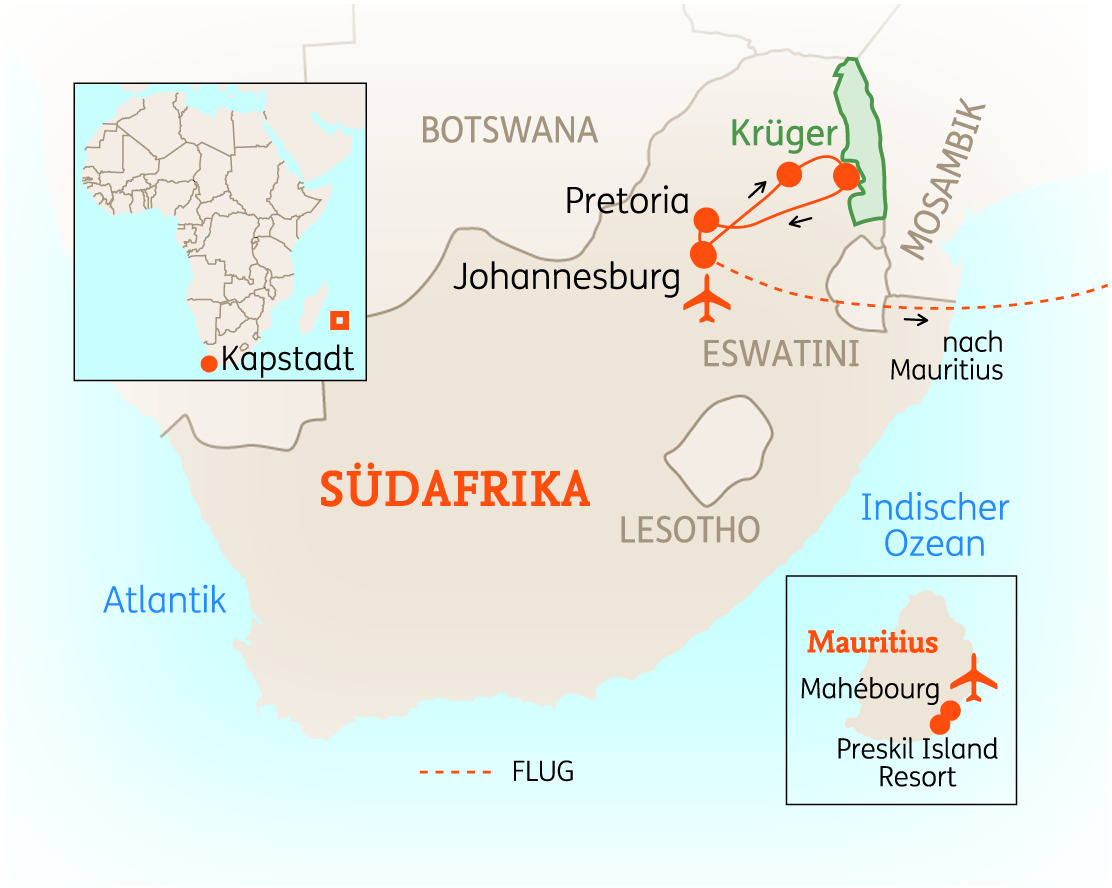 Karte von Südafrika mit wichtigen Städten und Routen, einschließlich Krüger, Johannesburg und Pretoria.