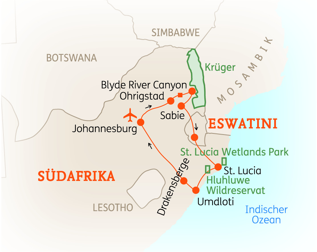 Karte von Südafrika mit markierten Routen und Sehenswürdigkeiten, einschließlich Krüger Nationalpark und Drakensberge.