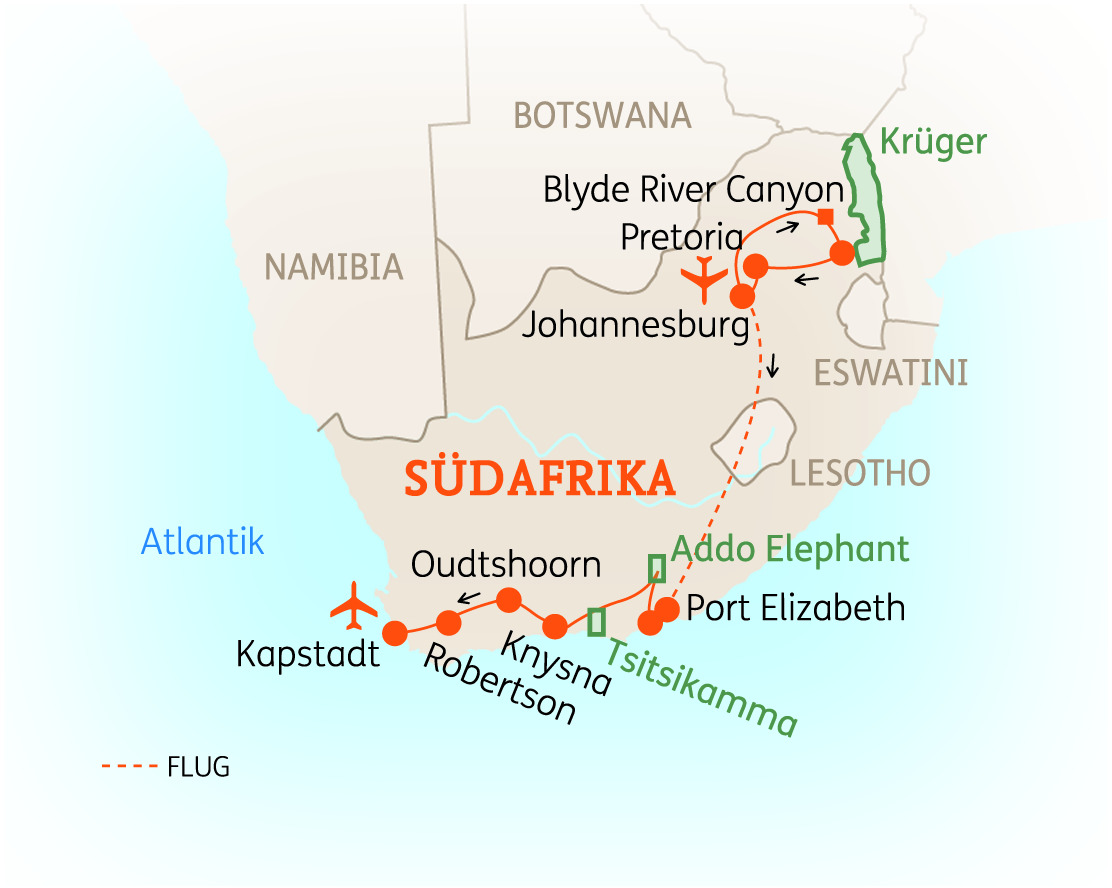 Karte von Südafrika mit wichtigen Städten und Sehenswürdigkeiten wie Johannesburg, Kapstadt und dem Blyde River Canyon.