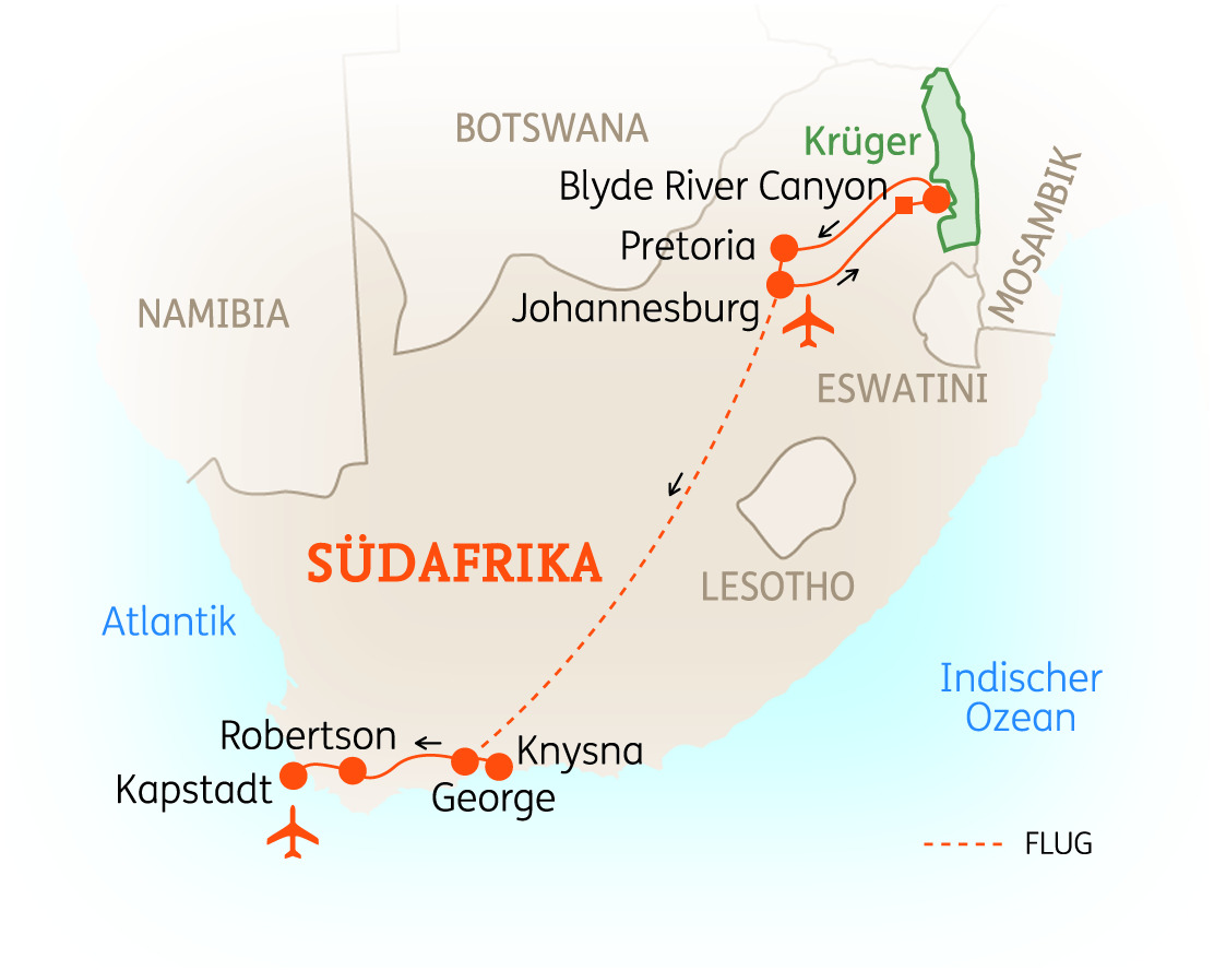 Karte von Südafrika mit markierten Städten und Flugrouten, einschließlich Kapstadt und Krüger Nationalpark.