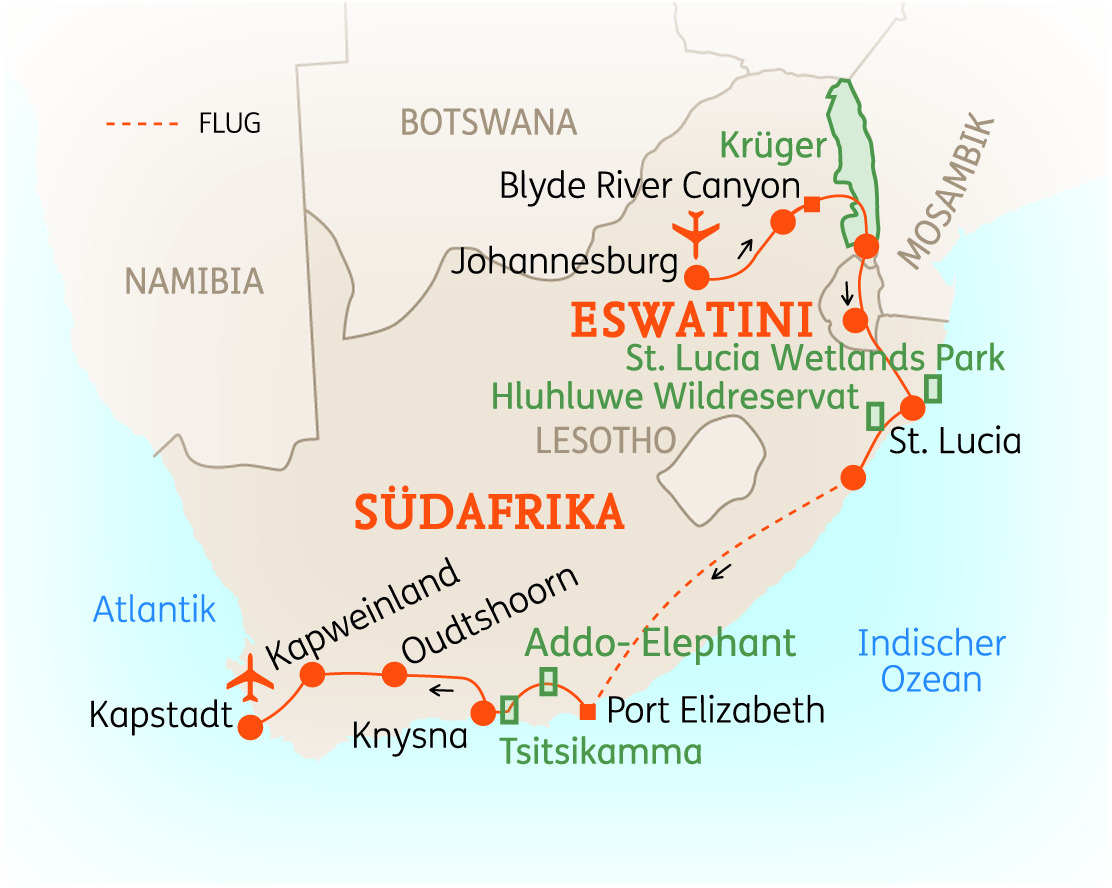 Karte von Südafrika mit markierten Reiserouten und wichtigen Orten wie Kapstadt und Johannesburg.