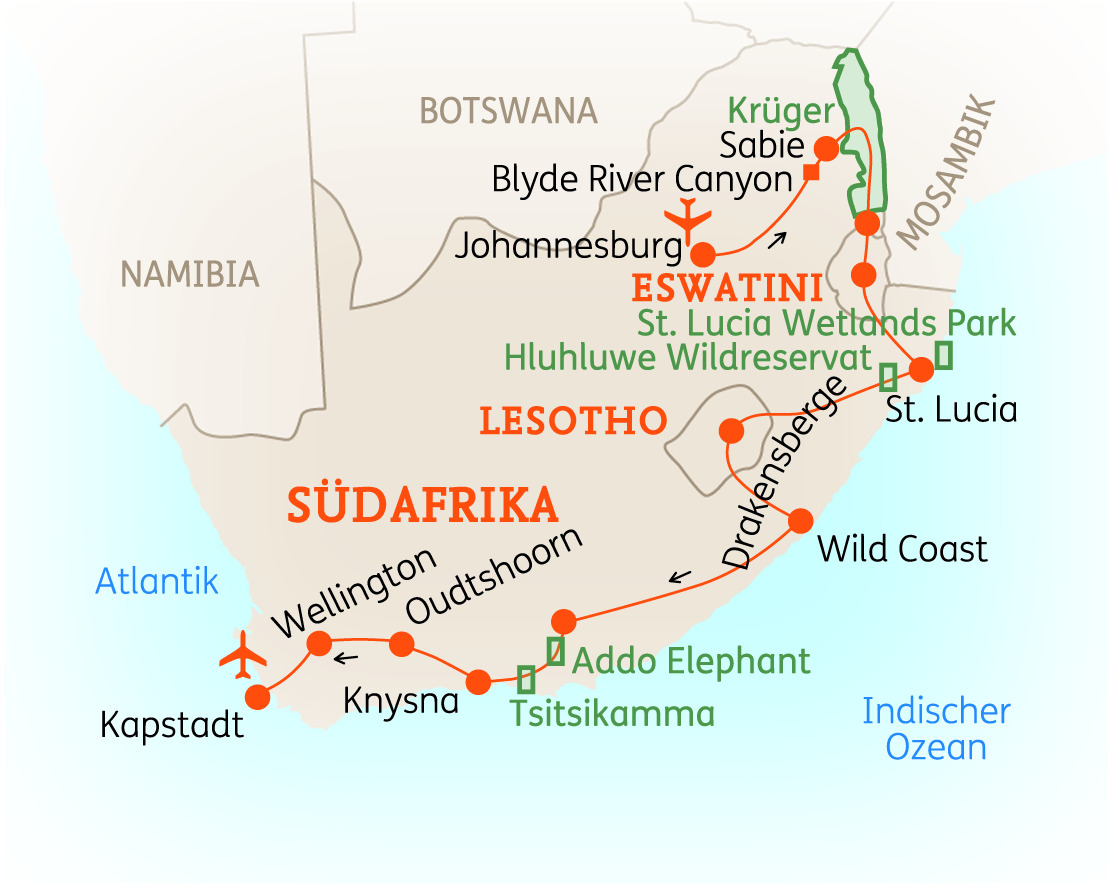 Karte von Südafrika mit wichtigen Städten und Sehenswürdigkeiten, einschließlich Krüger Nationalpark und Addo Elephant Nationalpark.