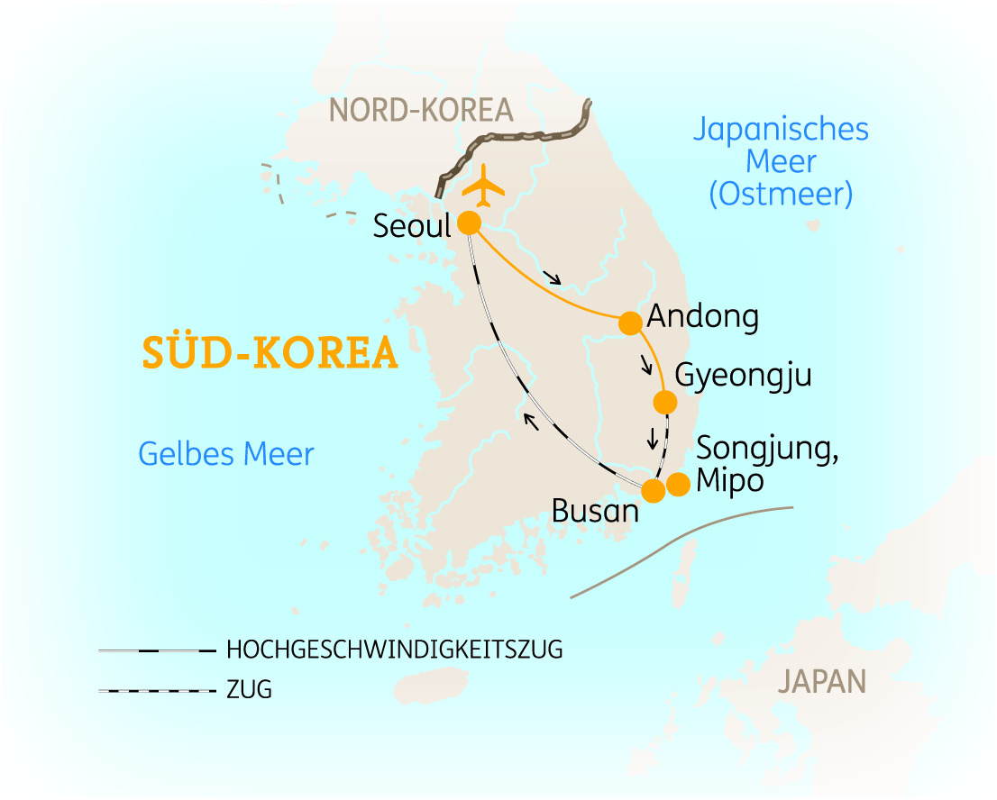Karte von Südkorea mit wichtigen Städten und Hochgeschwindigkeitszugverbindungen.