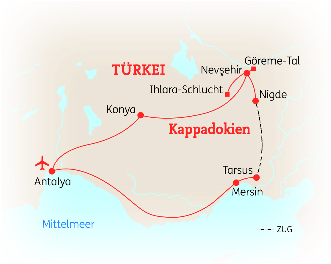 Karte von Kappadokien in der Türkei mit wichtigen Städten und Routen.