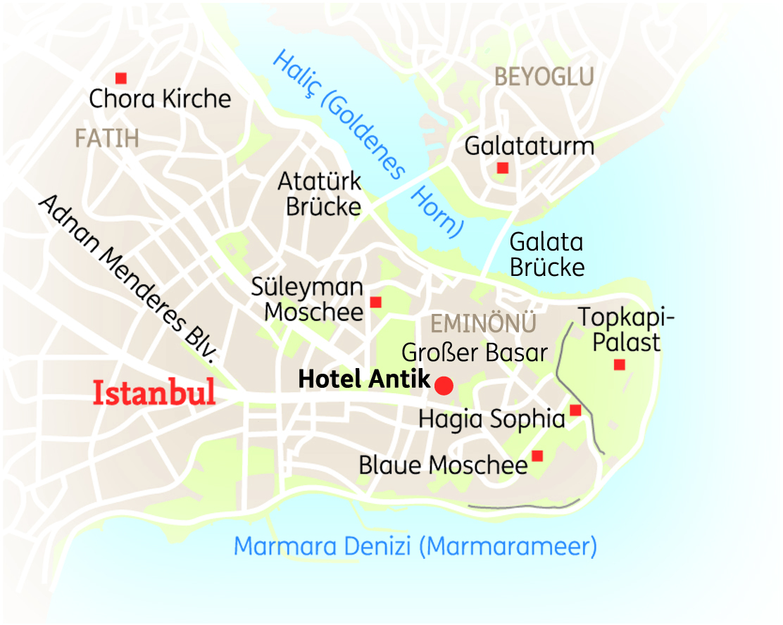 Karte von Istanbul mit wichtigen Sehenswürdigkeiten wie Hagia Sophia und Topkapi-Palast in klarer, detaillierter Darstellung.