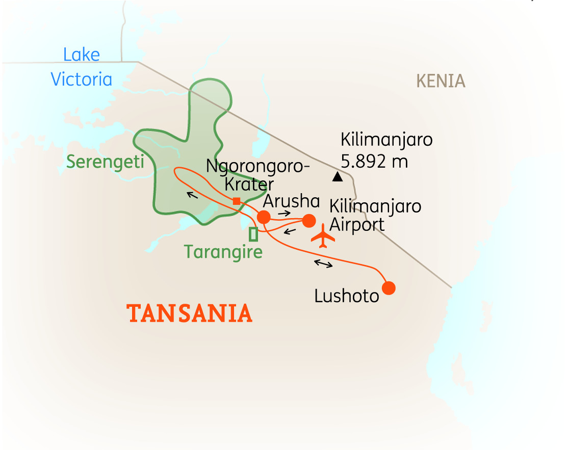 Karte von Tansania mit wichtigen Orten wie Kilimanjaro, Arusha und Ngorongoro-Krater in detaillierter Darstellung.