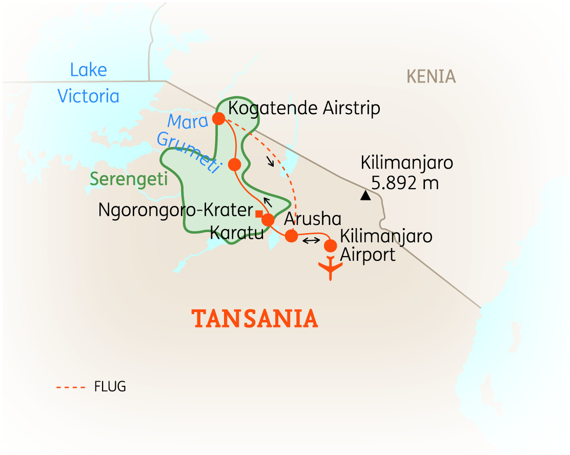 Karte von Tansania mit wichtigen Orten wie Kilimanjaro, Ngorongoro-Krater und Serengeti.