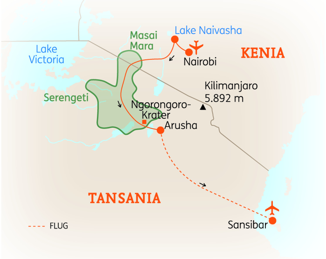 Karte von Kenia und Tansania mit wichtigen geografischen Merkmalen wie Kilimanjaro und Masai Mara.