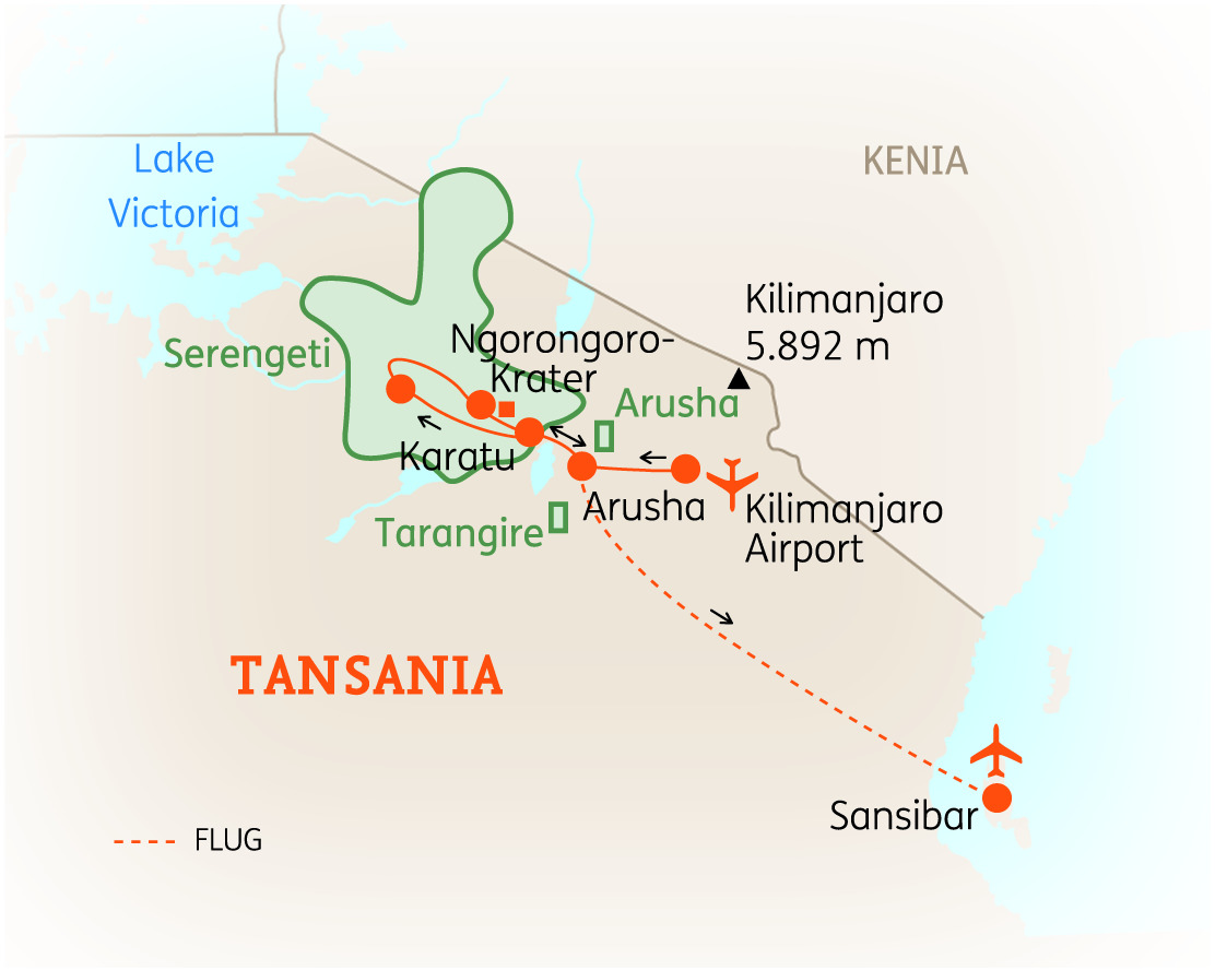 Karte von Tansania mit wichtigen geografischen Merkmalen wie Kilimanjaro, Serengeti und Ngorongoro-Krater.