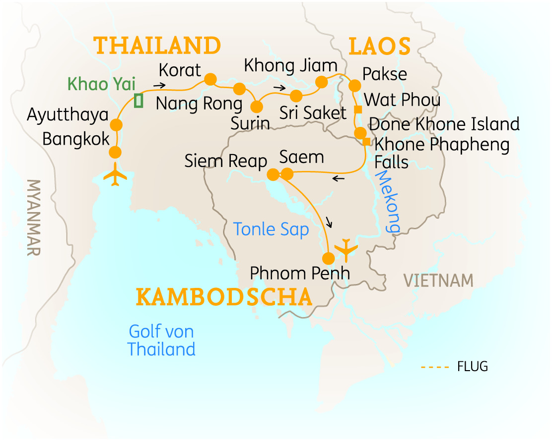 Karte von Thailand, Laos und Kambodscha mit Reiseroute und wichtigen Städten.