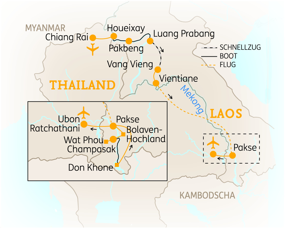 Karte von Thailand und Laos mit wichtigen Städten und Transportwegen, einschließlich Schnellzug, Boot und Flug.
