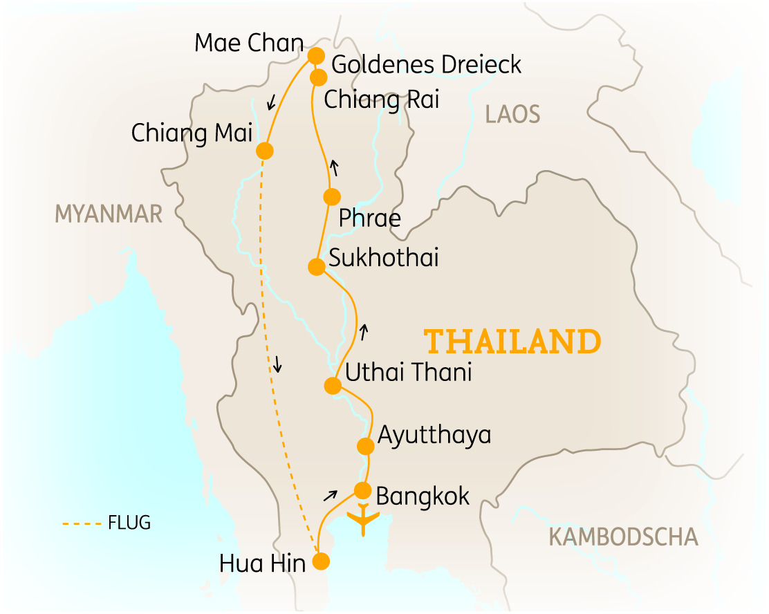 Karte von Thailand mit wichtigen Städten und Routen, einschließlich Chiang Mai, Bangkok und Hua Hin.