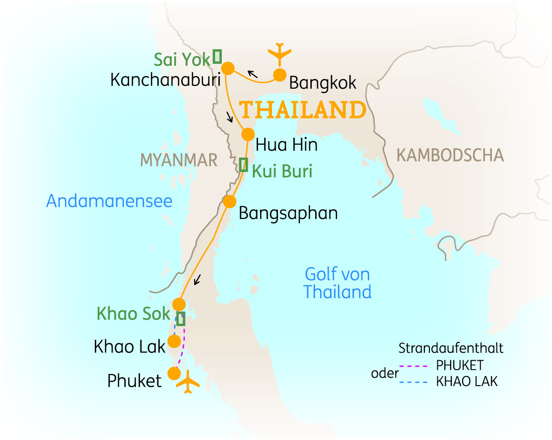 Karte von Thailand mit wichtigen Städten und Regionen wie Bangkok, Phuket und Khao Lak.