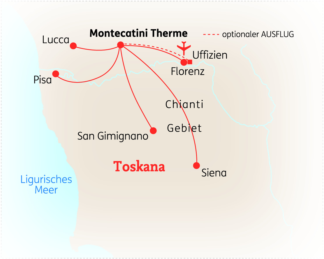Karte der Toskana mit wichtigen Städten und optionalen Ausflügen zu Montecatini Therme, Pisa, Florenz und Siena.