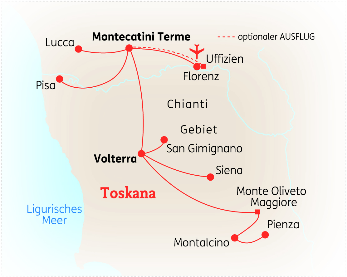 Karte der Toskana mit wichtigen Städten und Routen, einschließlich Pisa und Florenz.