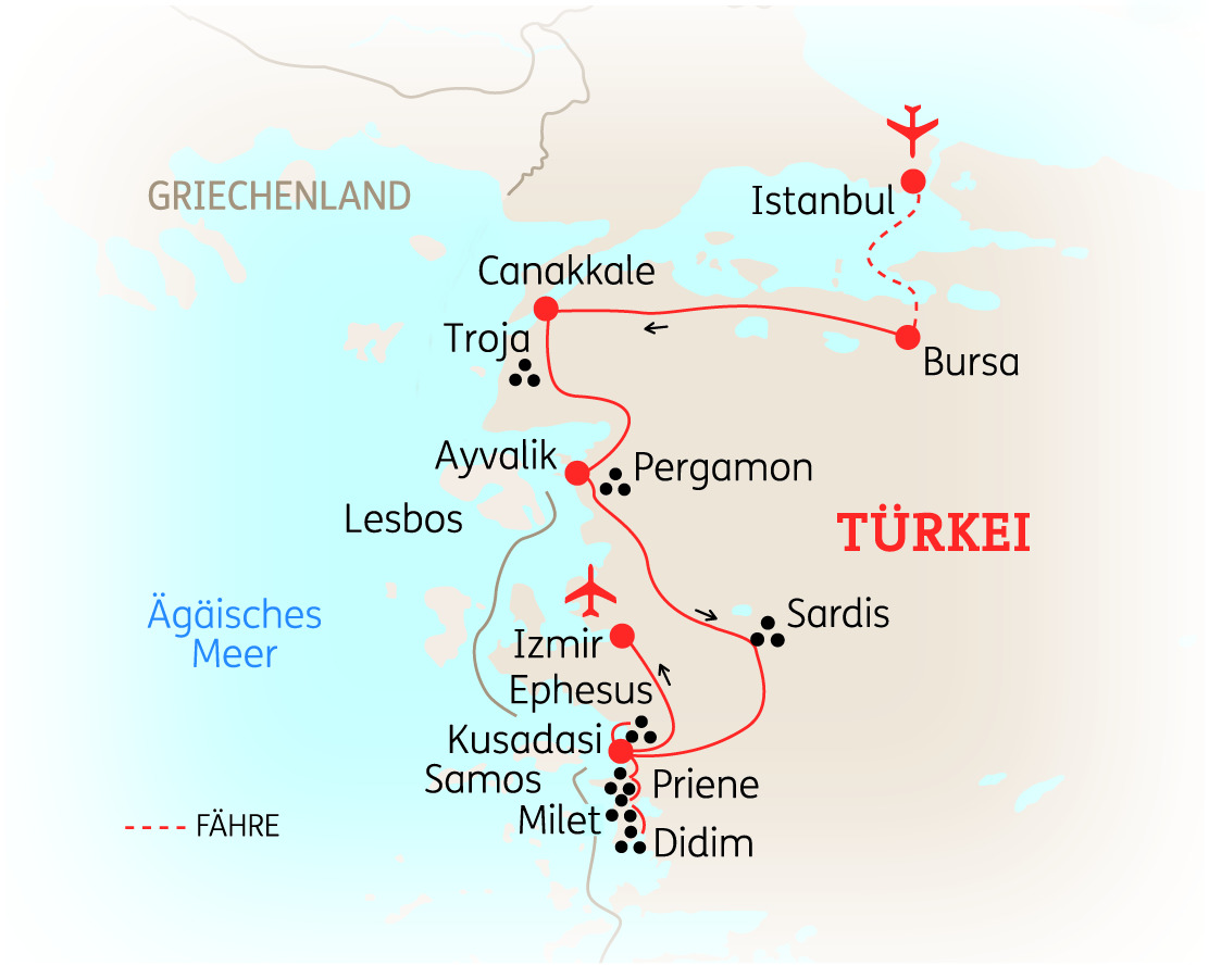Karte der Türkei mit wichtigen Städten und Sehenswürdigkeiten wie Istanbul, Troja und Ephesus.
