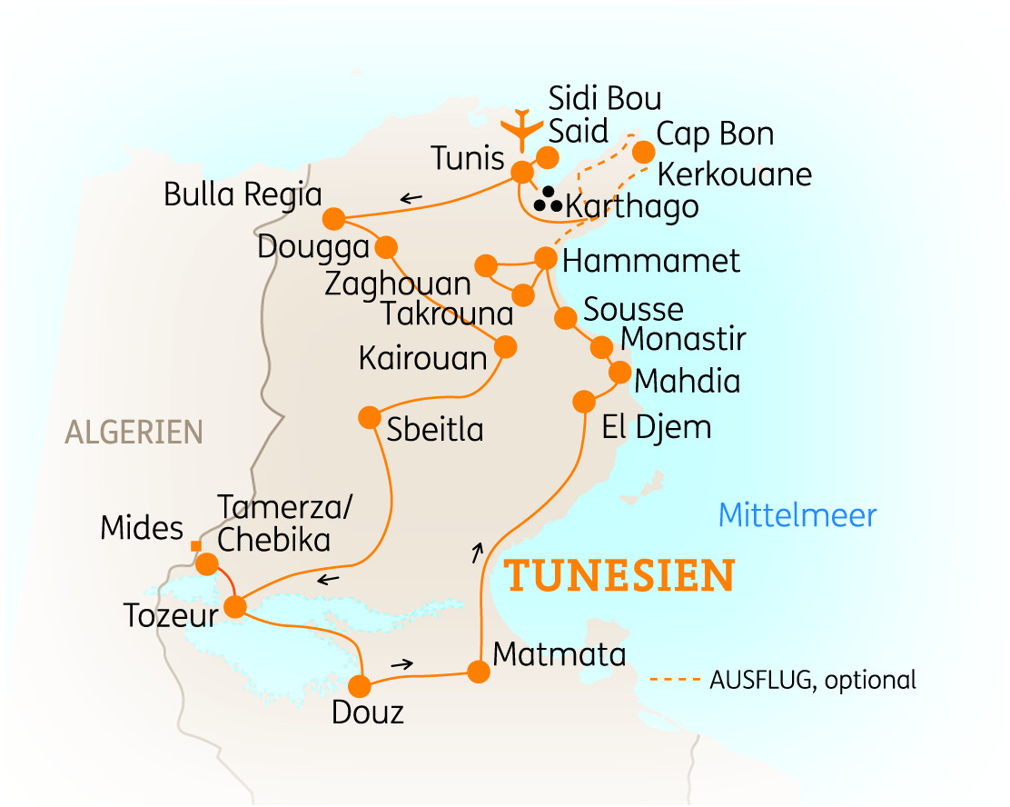 Karte von Tunesien mit wichtigen Städten und Sehenswürdigkeiten wie Karthago und El Djem.